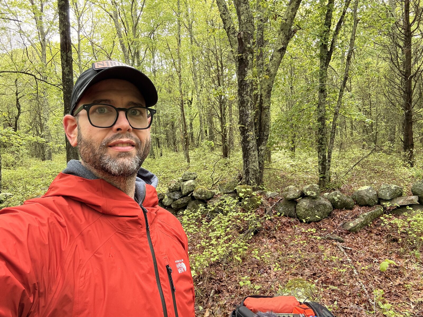 Operator in the woods near a stone wall at Woody Hill Wildlife Management Area