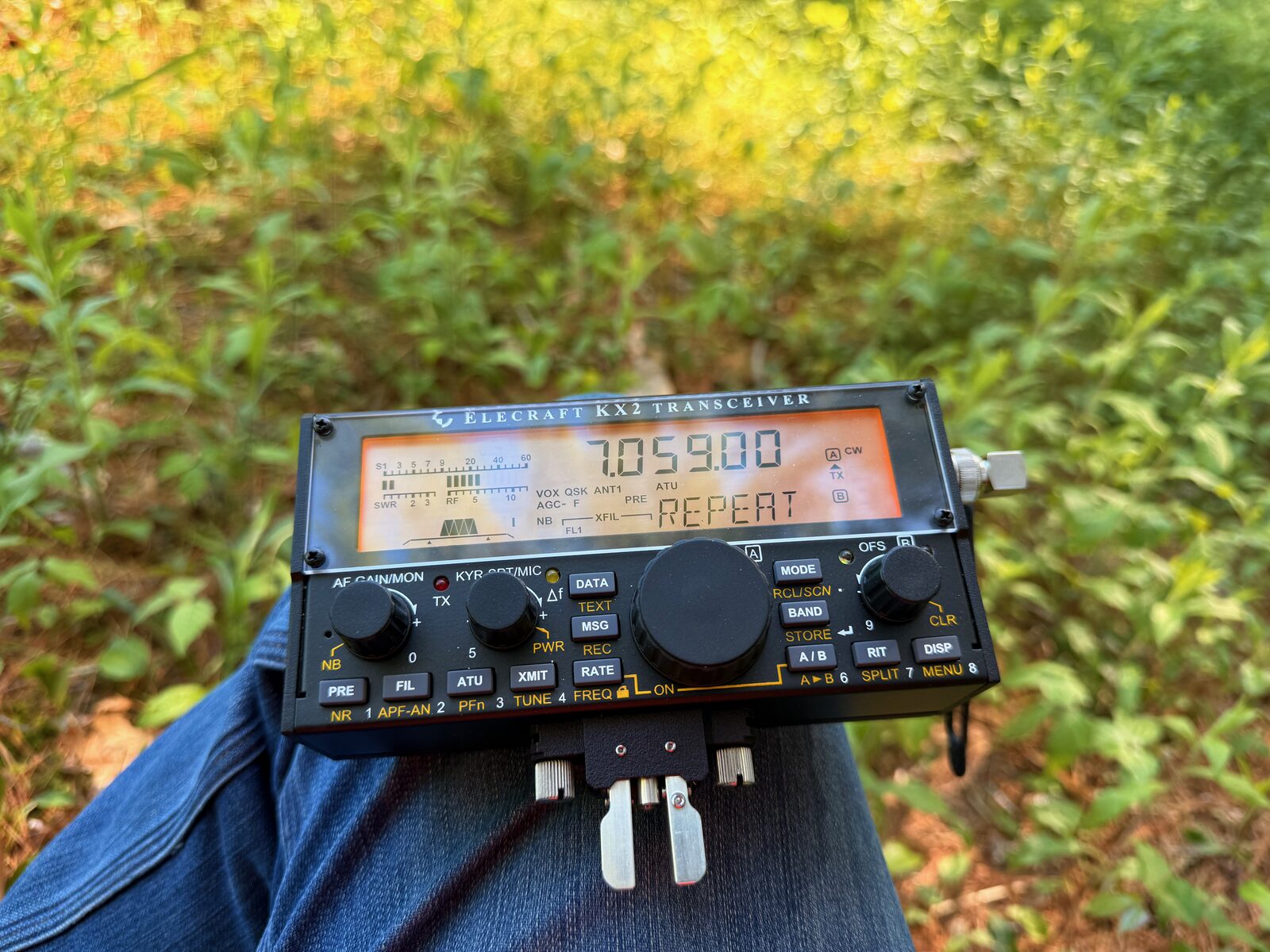 Elecraft KX2 display showing 7.059 MHz CW during the Durfee Hill POTA activation