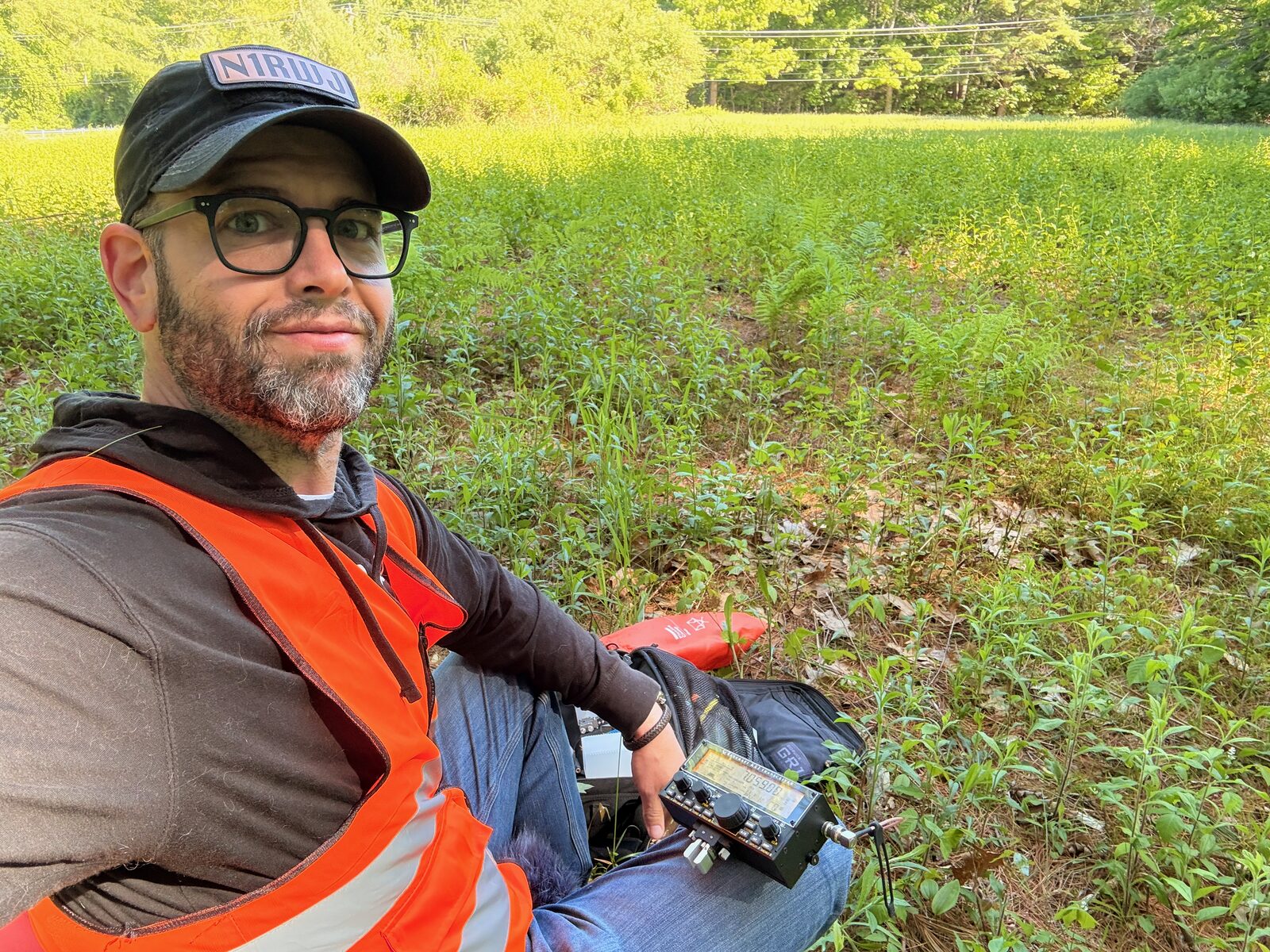 N1RWJ operating the KX2 seated at the edge of the meadow at Durfee Hill Wildlife Management Area