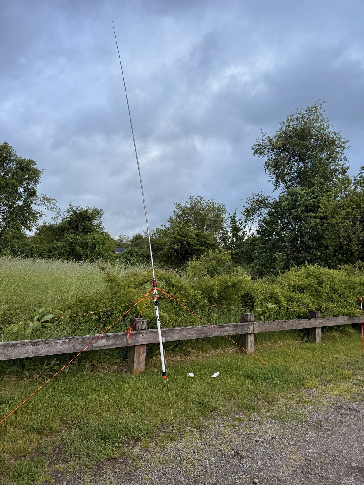 Vertical whip antenna set up at Eight Rod Farm Wildlife Management Area under a heavy evening sky