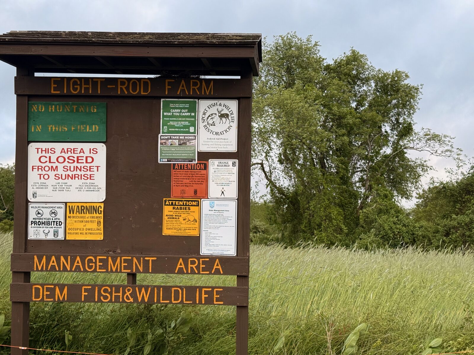 Eight Rod Farm Wildlife Management Area entrance sign at the second stop of the rove