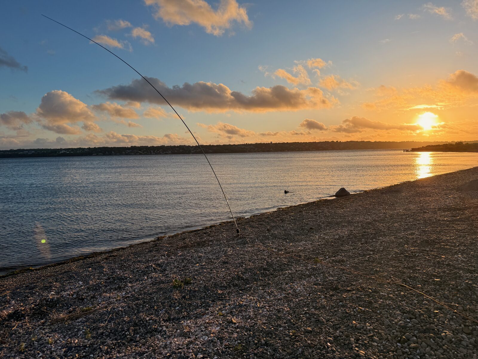 Sunset over Mount Hope Bay from Sapowet Marsh, with the 25-foot whip set up at the shoreline