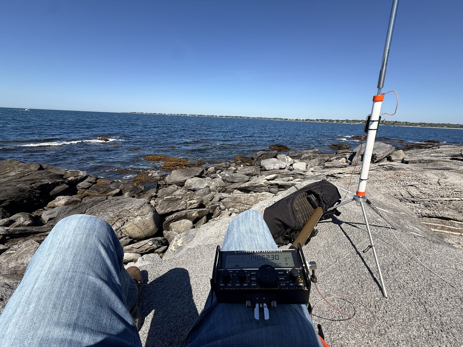 KX2 operating position with the Challenger whip and Atlantic shoreline at Sachuest Point