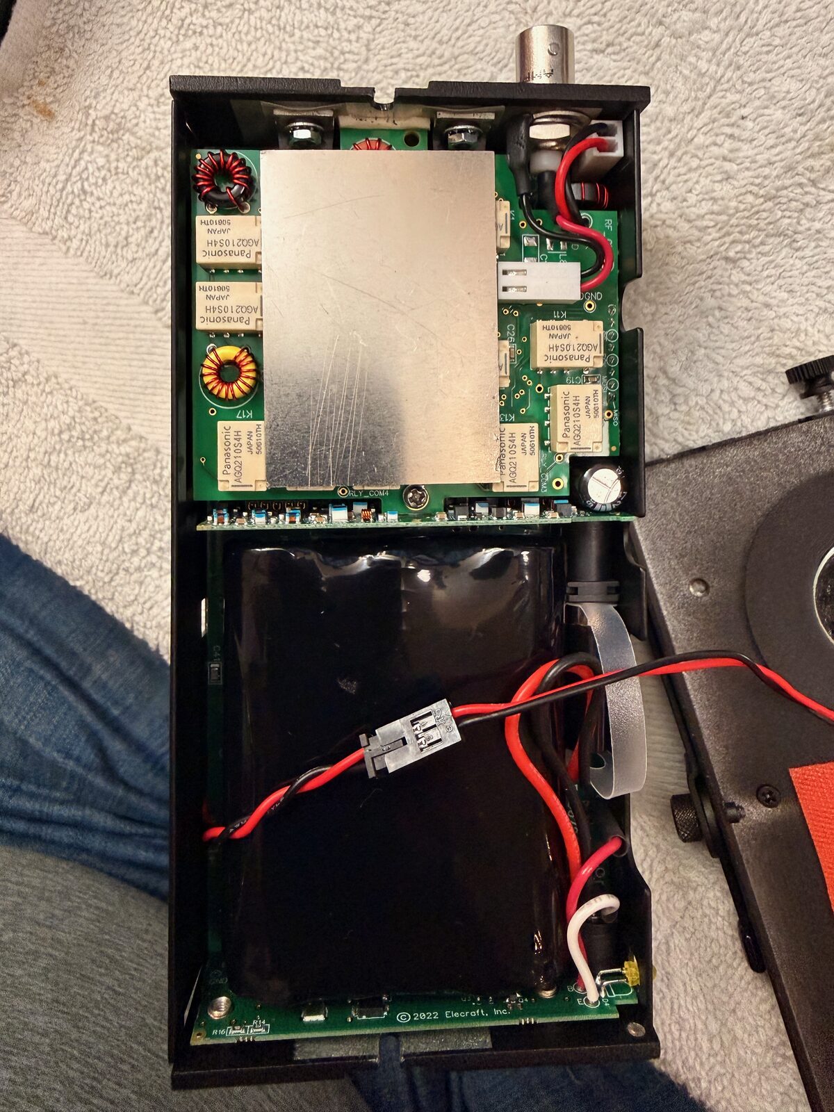 KX2 opened with the battery compartment and RF board visible